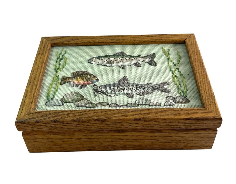 Vintage Wood Trinket Box Needlepoint Fish Fishing Cabin Decor 9.5”